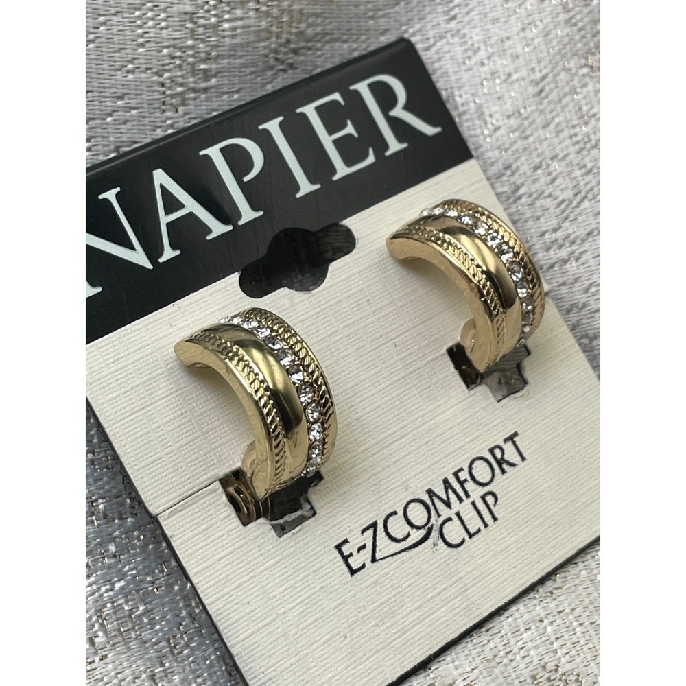 Napier E-Z Comfort Clip Gold Tone Rhinestone Hoop Earrings NOS